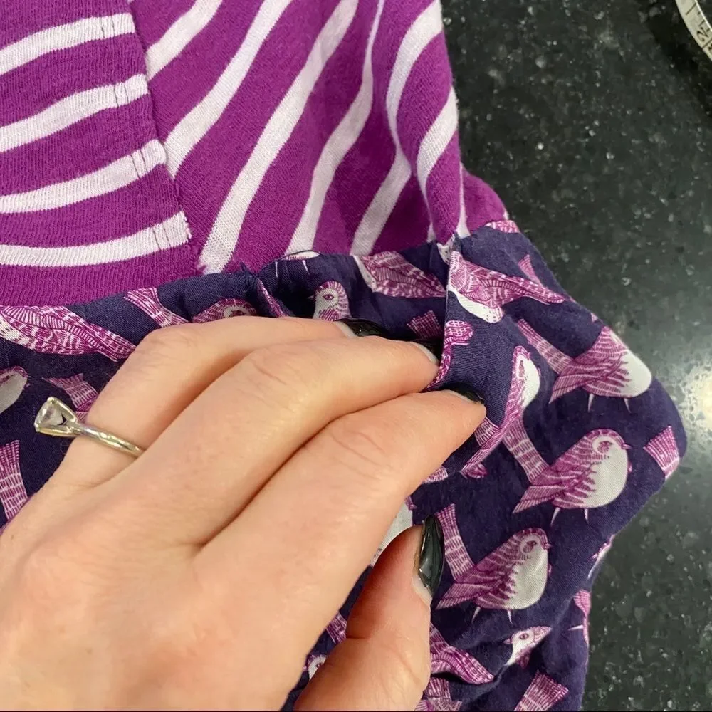 Anthropologie postmark purple Stripe Hi Lo Shirt Birds Mixed Print‎ XS Lagenlook
